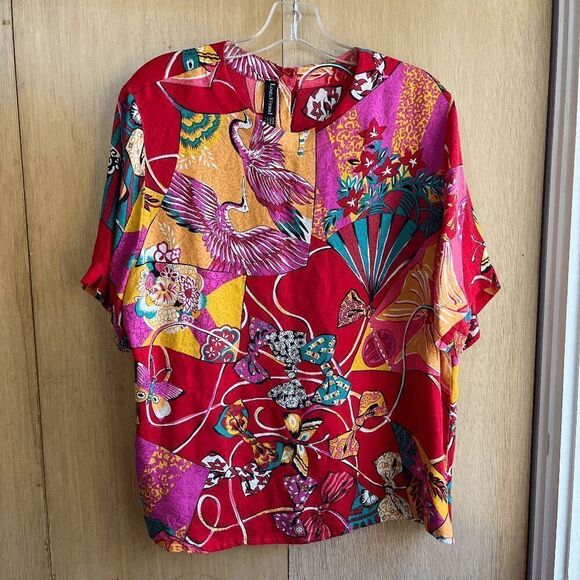 Louis Féraud Couture Designer Novelty Print Silk Blouse Asian Cranes, Bows, Butt - Picture 1 of 7
